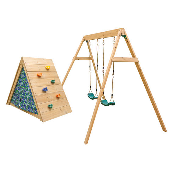 Motueka Double Wooden Swing & Climbing Wall & Cubby House Bundle Motueka Double Wooden Swing & Climbing Wall & Cubby House Bundle