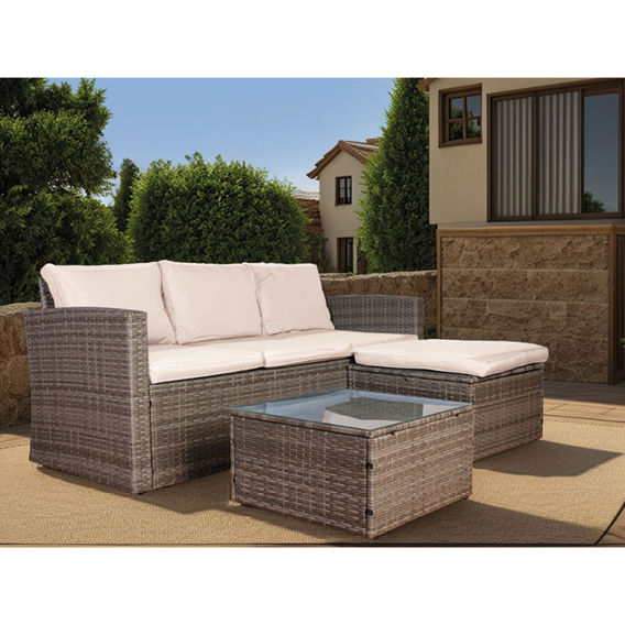 3 Piece Outdoor Wicker Setting With Storage - Beige
