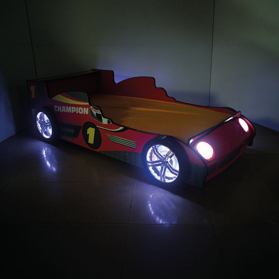 Red Racing Car Bed with LED Head Lights & Mattress Bundle