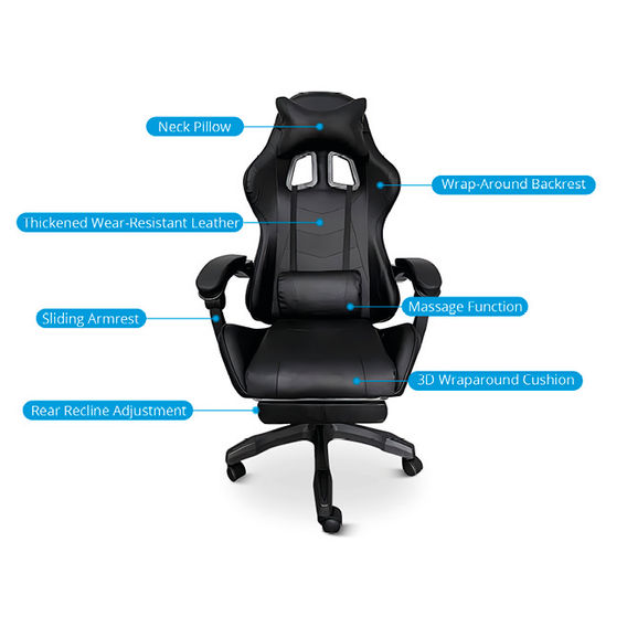 Deluxe Gaming Chair with Footrest - Black